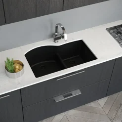 Rene 33" Composite Granite Kitchen Sink, 60/40 Double Bowl, Carbon, R3-1008-CAR-ST-CGF