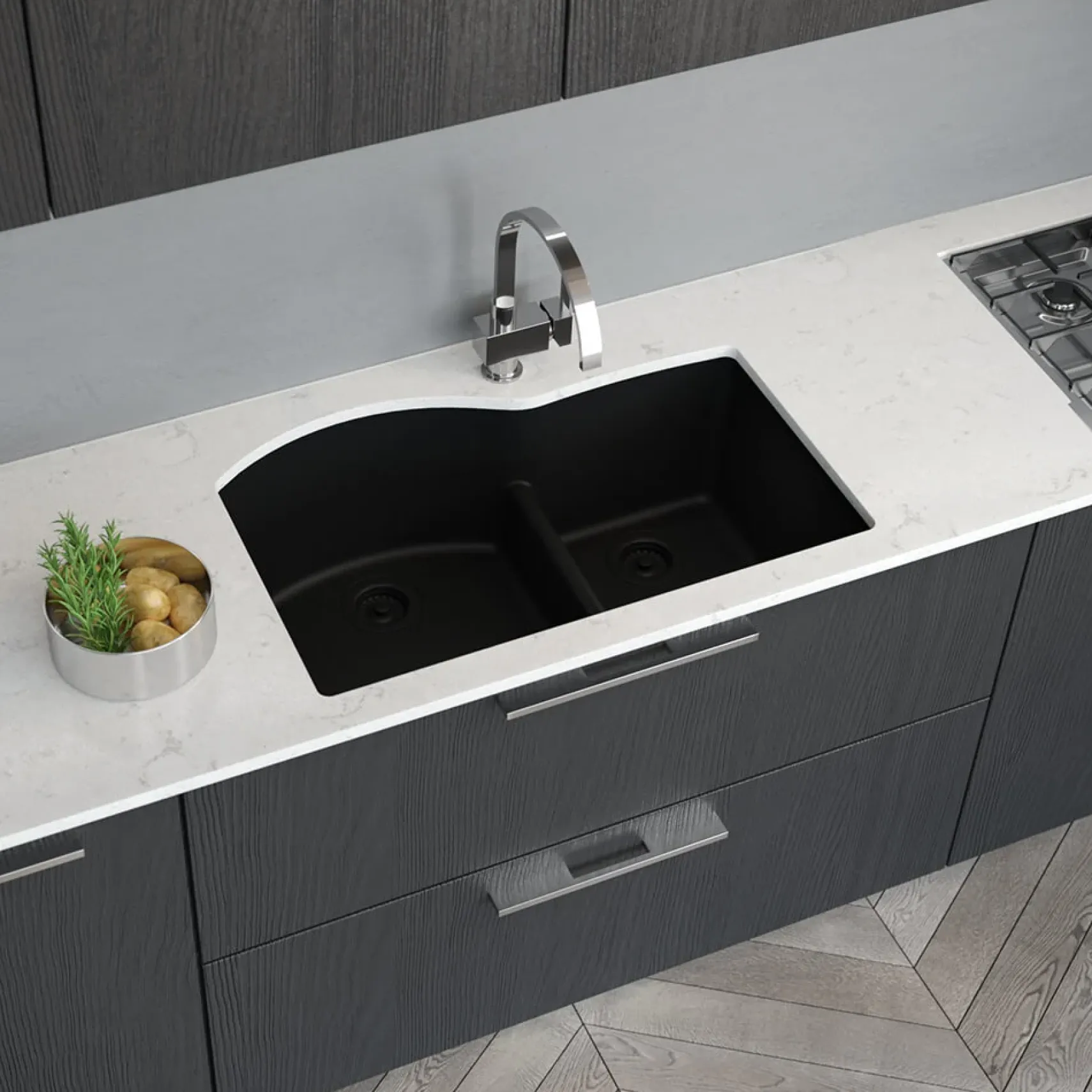 Rene 33" Composite Granite Kitchen Sink, 60/40 Double Bowl, Carbon, R3-1008-CAR-ST-CGF
