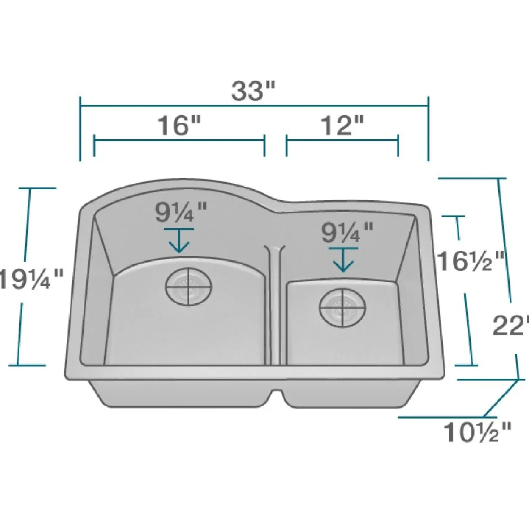 Rene 33" Composite Granite Kitchen Sink, 60/40 Double Bowl, Carbon, R3-1008-CAR-ST-CGF