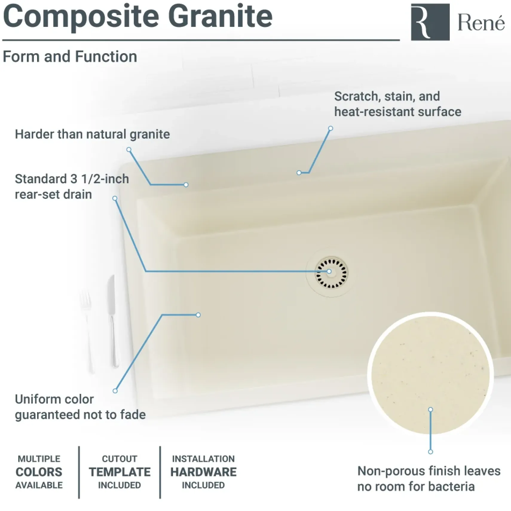 Rene 33" Composite Granite Kitchen Sink, Ecru, R3-2006-ECR-ST-CGF