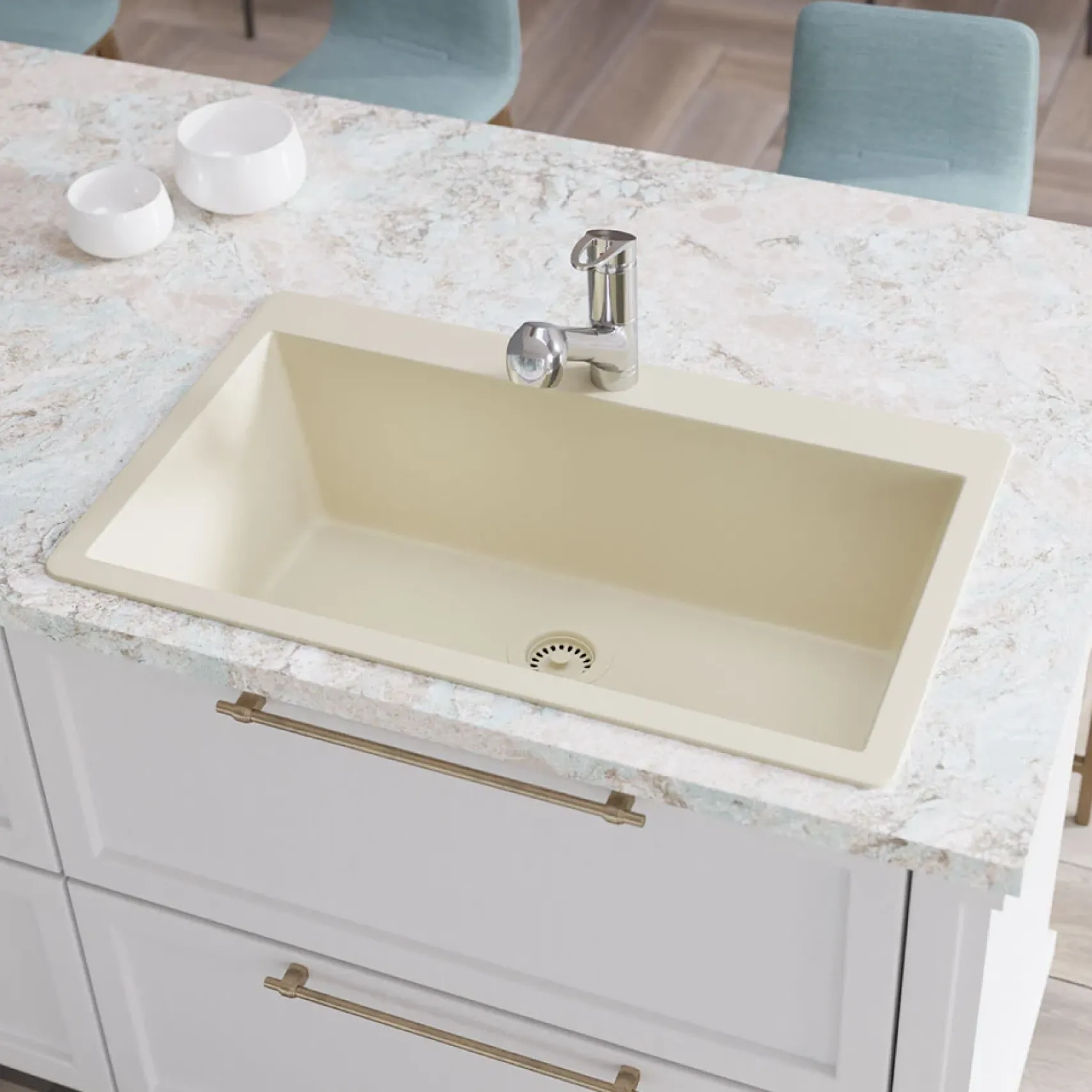 Rene 33" Composite Granite Kitchen Sink, Ecru, R3-2006-ECR-ST-CGF