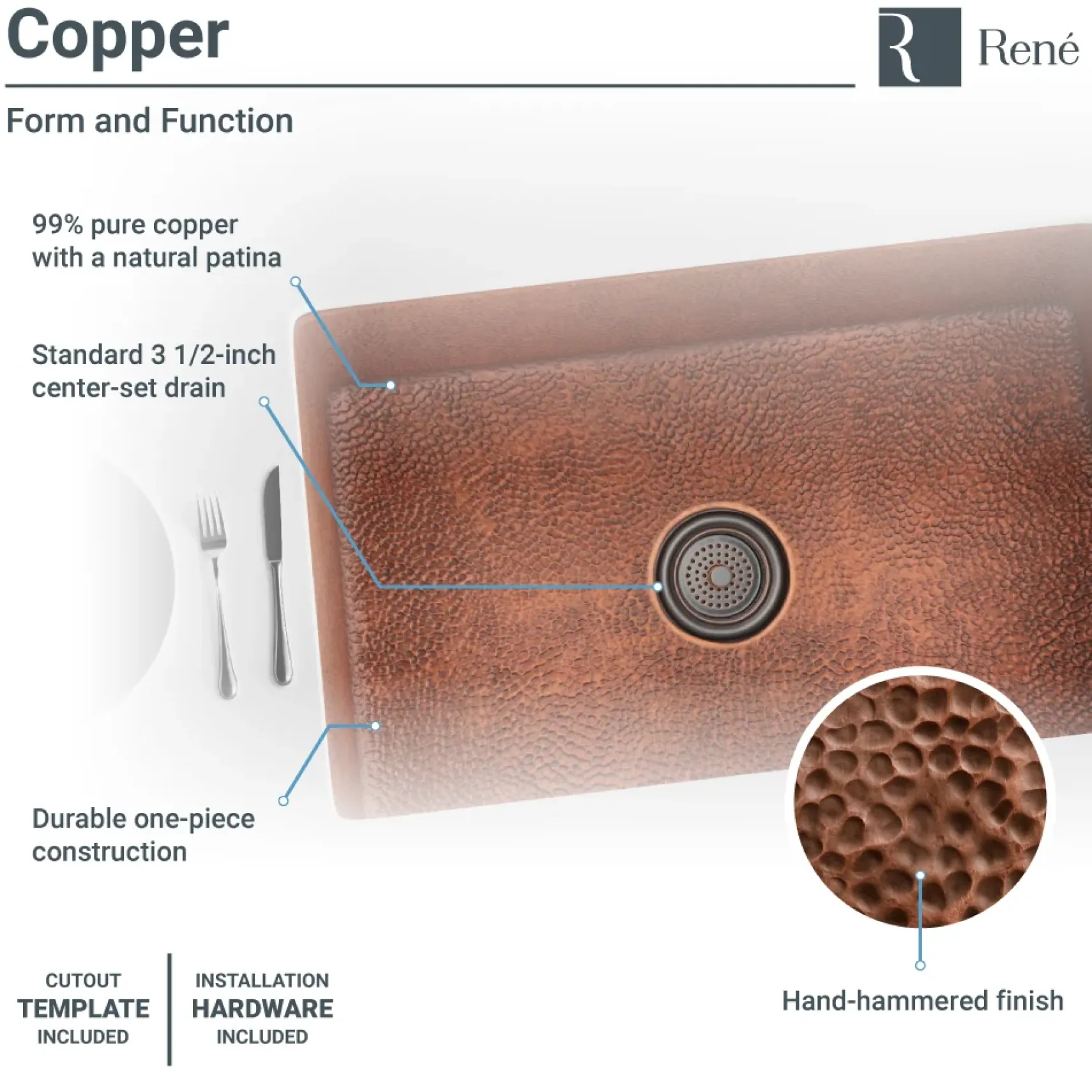 Rene 33" Copper Kitchen Sink, R4-1003-ST-C