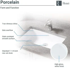 Rene 22" Rectangle Porcelain Bathroom Sink, White, R2-1001-W-PUD-C