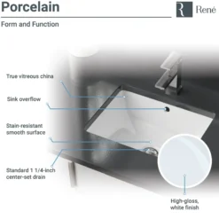 Rene 18" Rectangle Porcelain Bathroom Sink, White, R2-1007-W-PUD-ABR