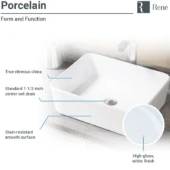 Rene 19" Rectangle Porcelain Bathroom Sink, White, with Faucet, R2-5007-W-R9-7006-C