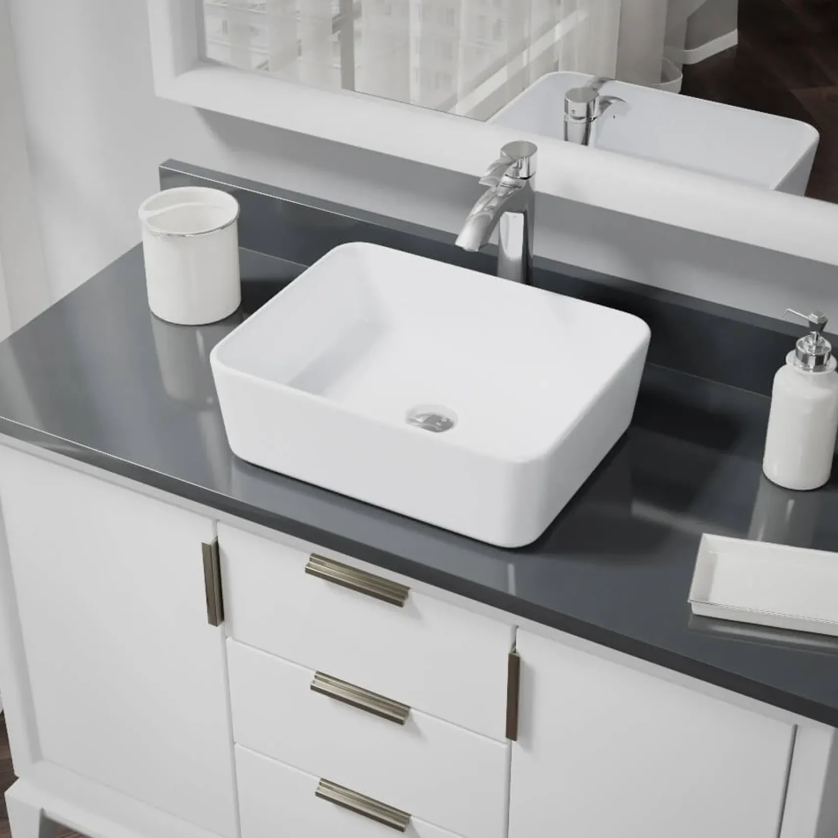 Rene 19" Rectangle Porcelain Bathroom Sink, White, with Faucet, R2-5007-W-R9-7006-C