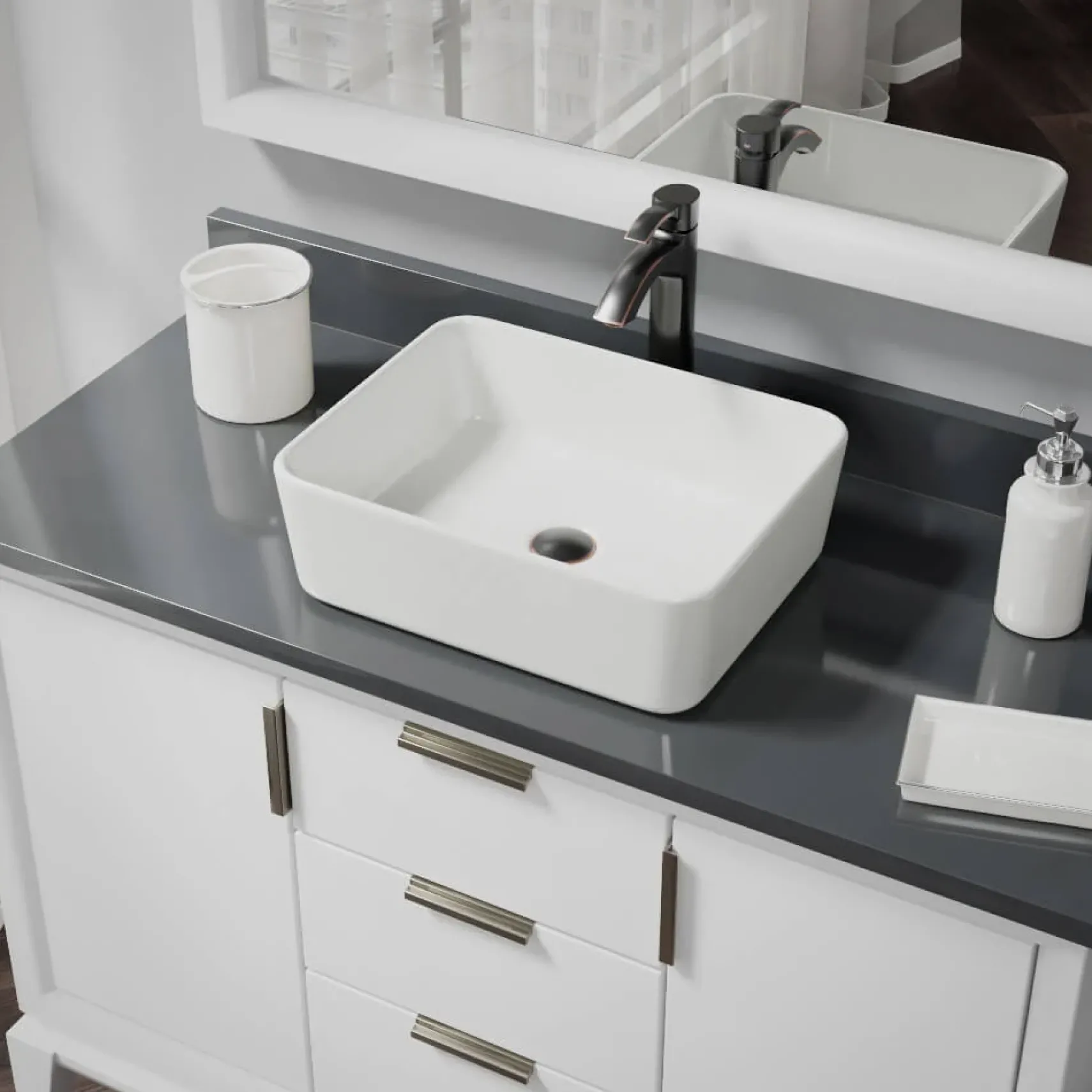 Rene 19" Rectangle Porcelain Bathroom Sink, Biscuit, with Faucet, R2-5007-B-R9-7006-ABR
