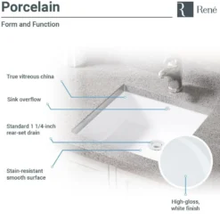 Rene 17" Rectangle Porcelain Bathroom Sink, White, R2-1003-W-PUD-BN