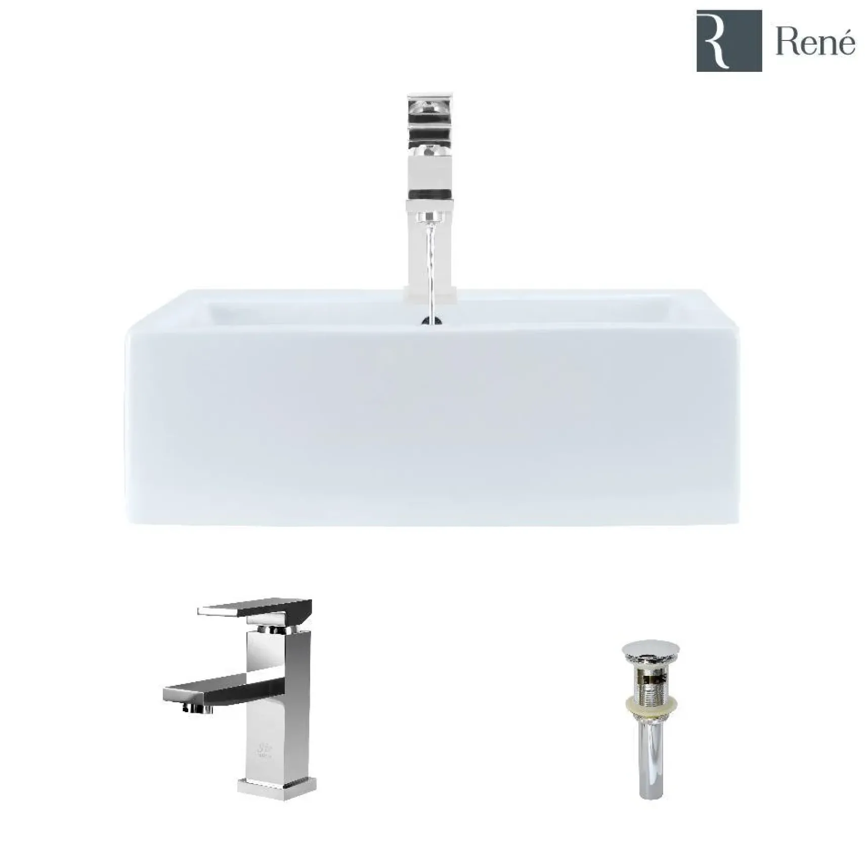 Rene 21" Rectangle Porcelain Bathroom Sink, White, with Faucet, R2-5018-W-R9-7002-C