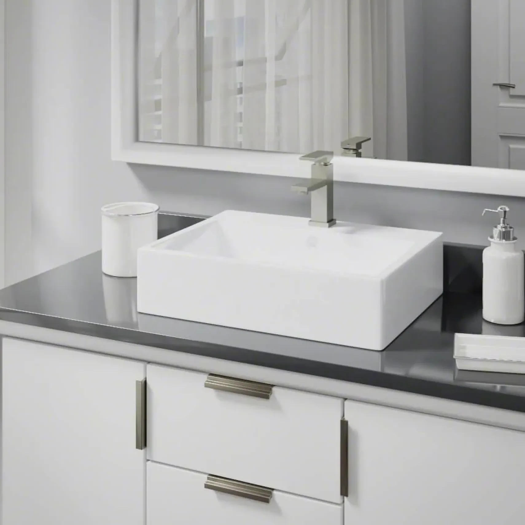 Rene 21" Rectangle Porcelain Bathroom Sink, White, with Faucet, R2-5018-W-R9-7002-BN