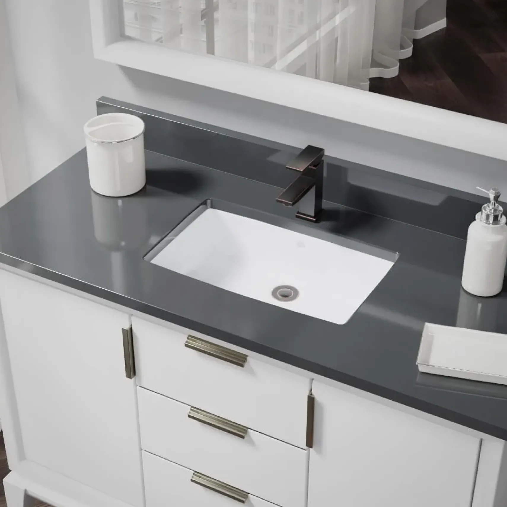 Rene 22" Rectangle Porcelain Bathroom Sink, White, R2-1001-W-PUD-ABR