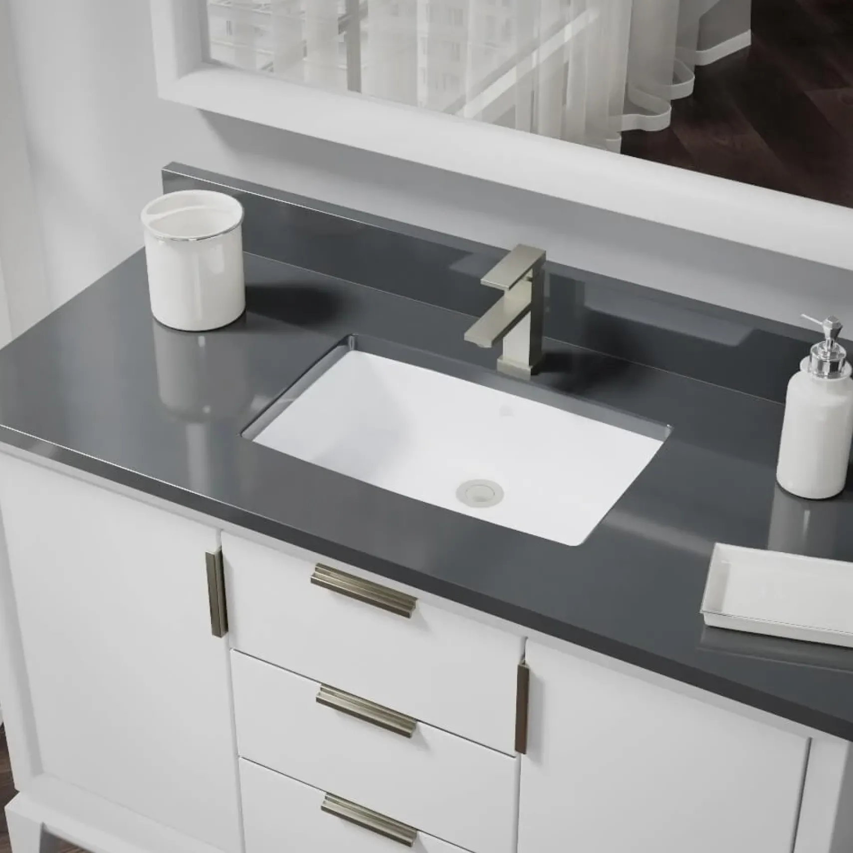 Rene 22" Rectangle Porcelain Bathroom Sink, White, R2-1001-W-PUD-BN