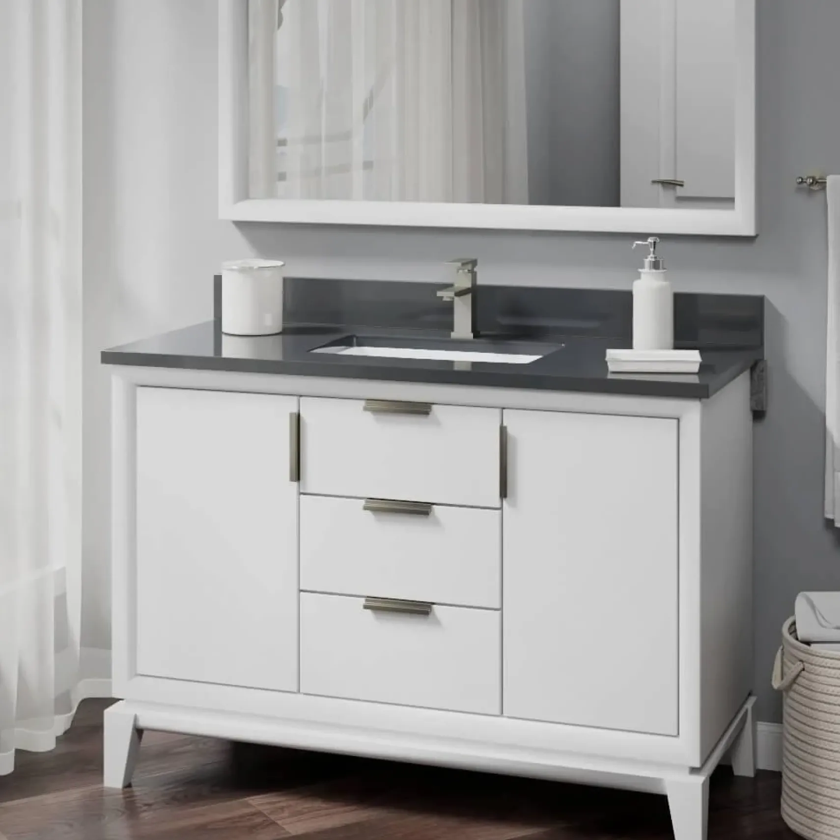 Rene 22" Rectangle Porcelain Bathroom Sink, White, R2-1001-W-PUD-BN