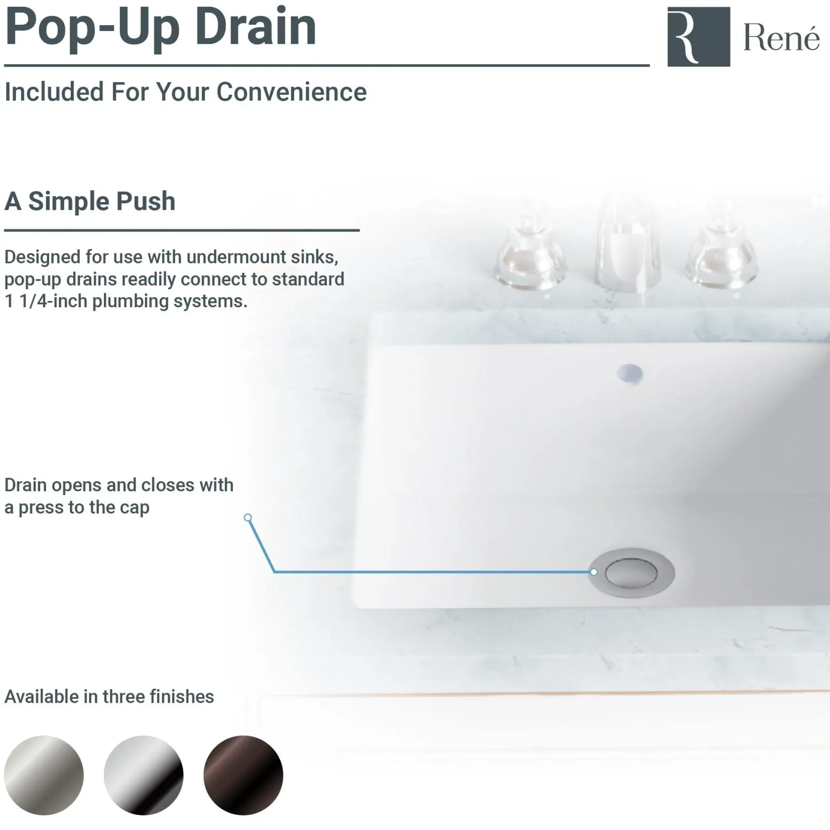 Rene 22" Rectangle Porcelain Bathroom Sink, White, R2-1001-W-PUD-BN