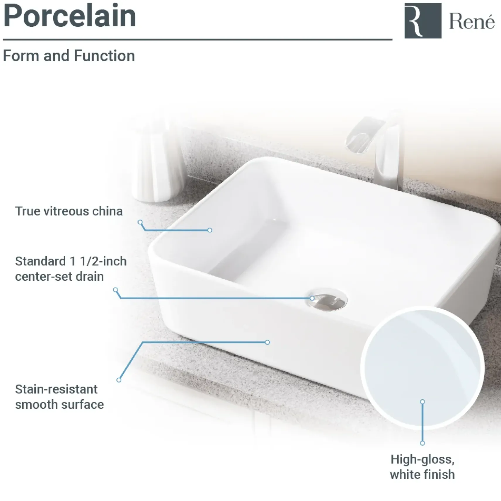 Rene 19" Rectangle Porcelain Bathroom Sink, White, with Faucet, R2-5007-W-R9-7006-BN