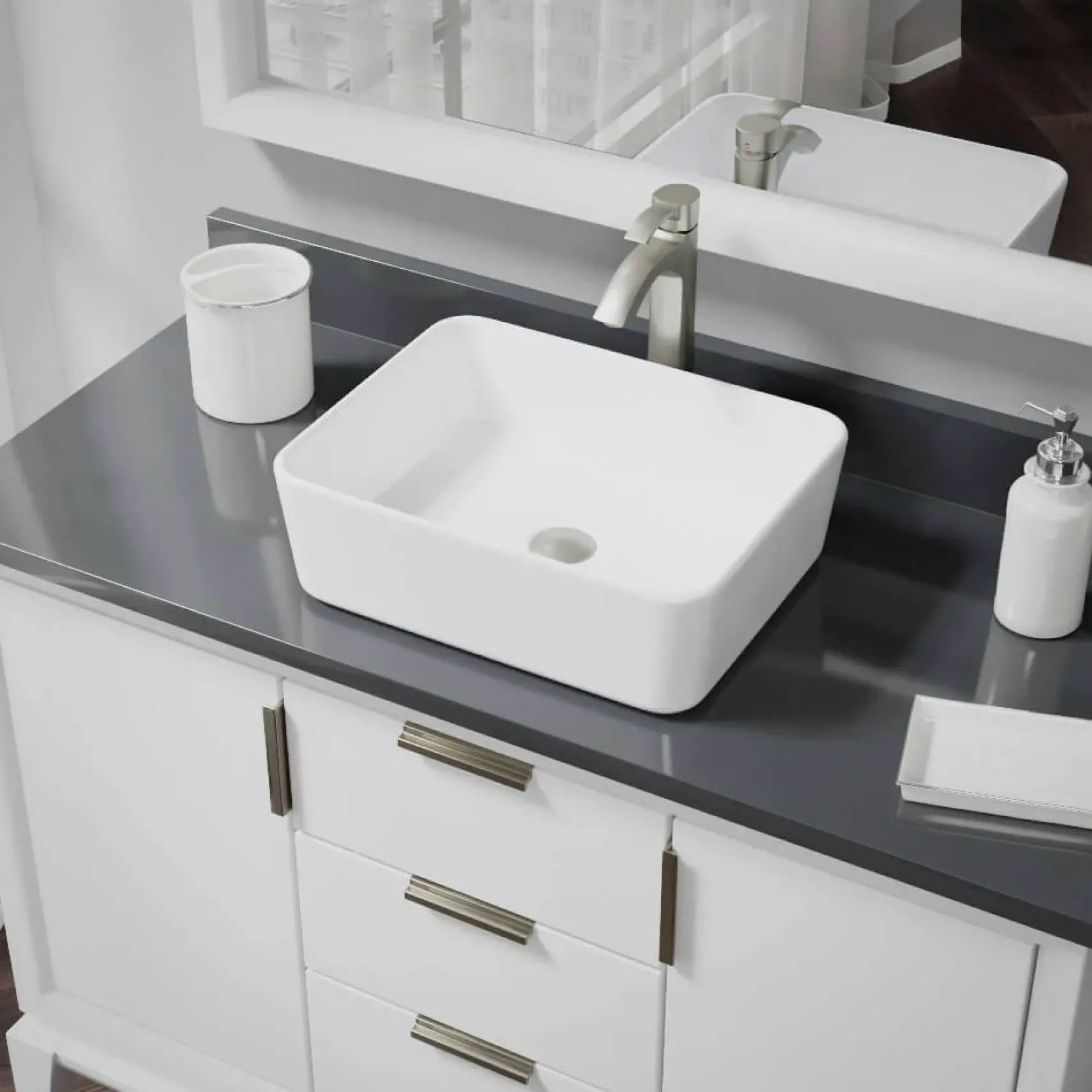 Rene 19" Rectangle Porcelain Bathroom Sink, White, with Faucet, R2-5007-W-R9-7006-BN