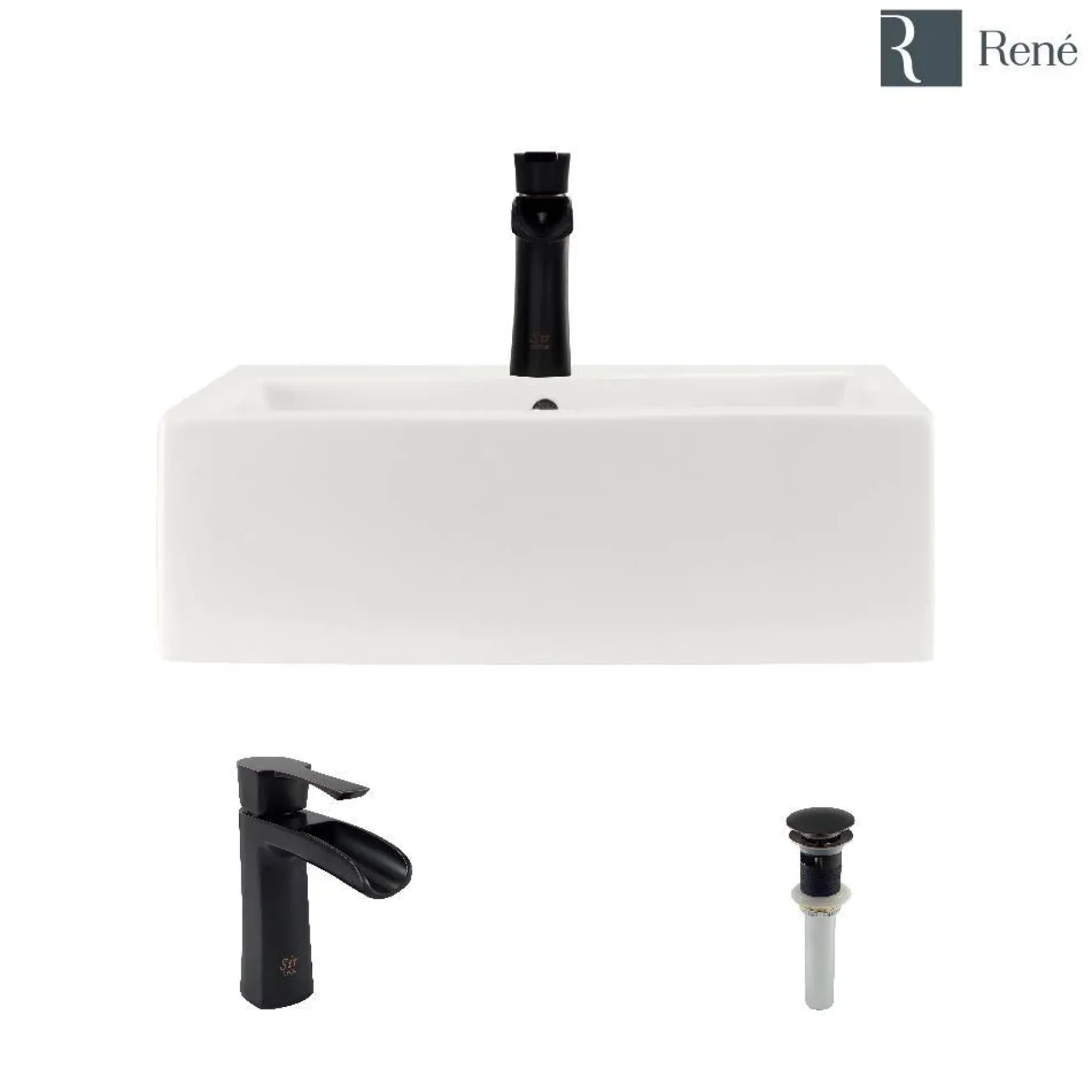 Rene 21" Rectangle Porcelain Bathroom Sink, Biscuit, with Faucet, R2-5018-B-R9-7008-ABR