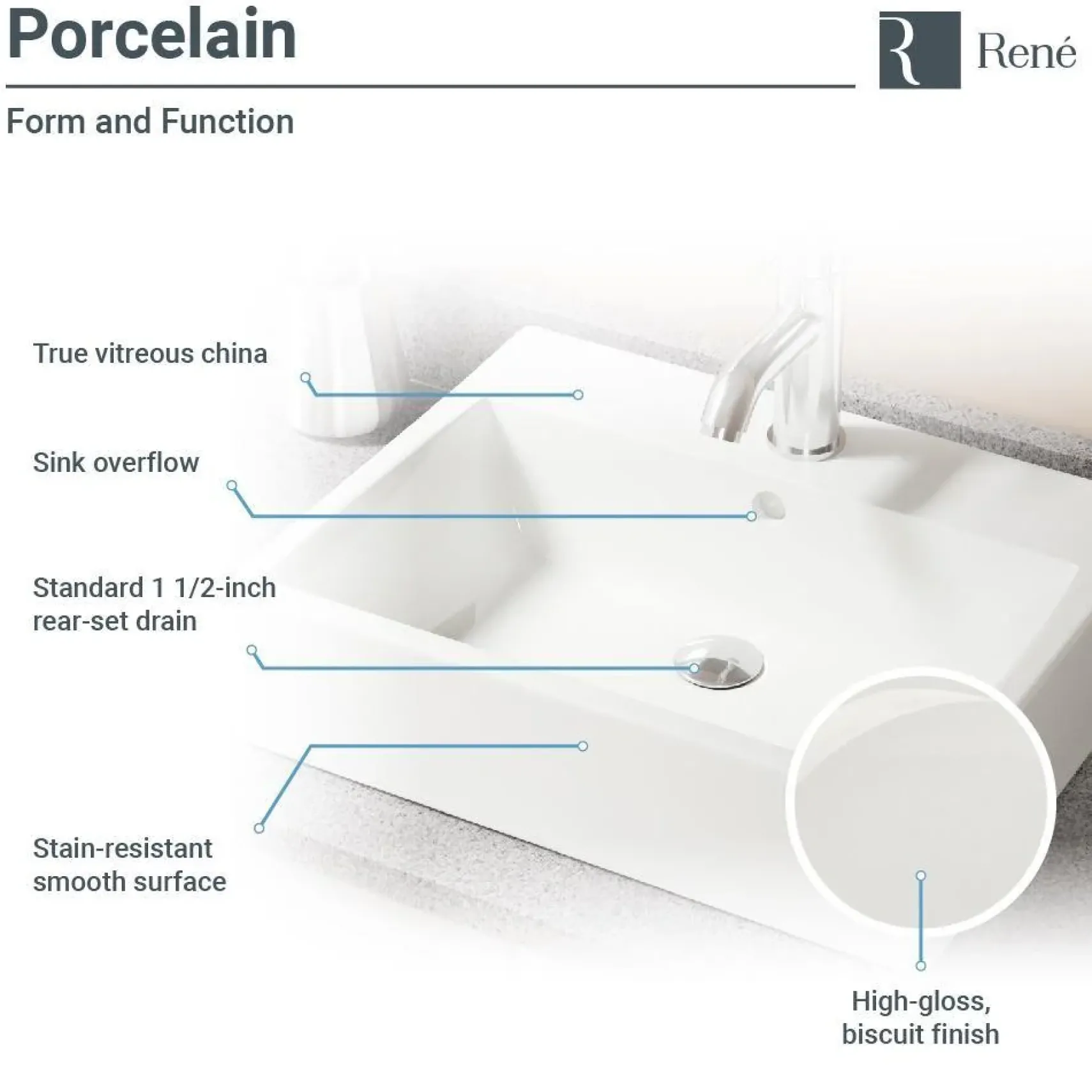 Rene 21" Rectangle Porcelain Bathroom Sink, Biscuit, with Faucet, R2-5018-B-R9-7008-ABR