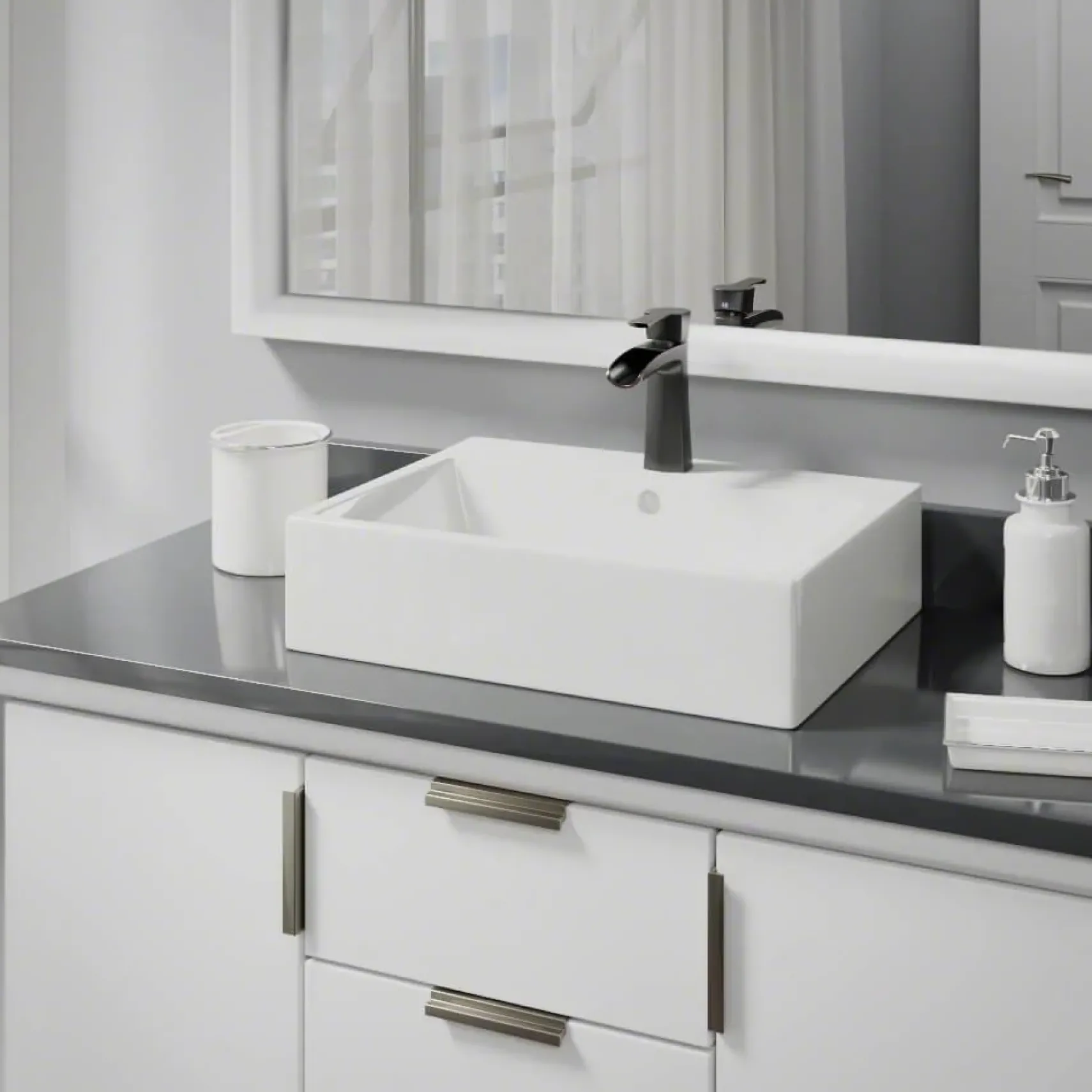 Rene 21" Rectangle Porcelain Bathroom Sink, Biscuit, with Faucet, R2-5018-B-R9-7008-ABR