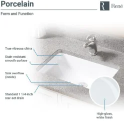 Rene 21" Rectangle Porcelain Bathroom Sink, White, R2-1002-W-PUD-BN
