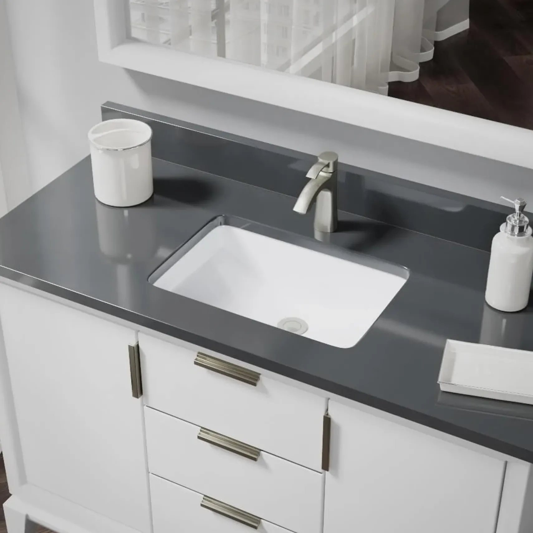 Rene 21" Rectangle Porcelain Bathroom Sink, White, R2-1002-W-PUD-BN