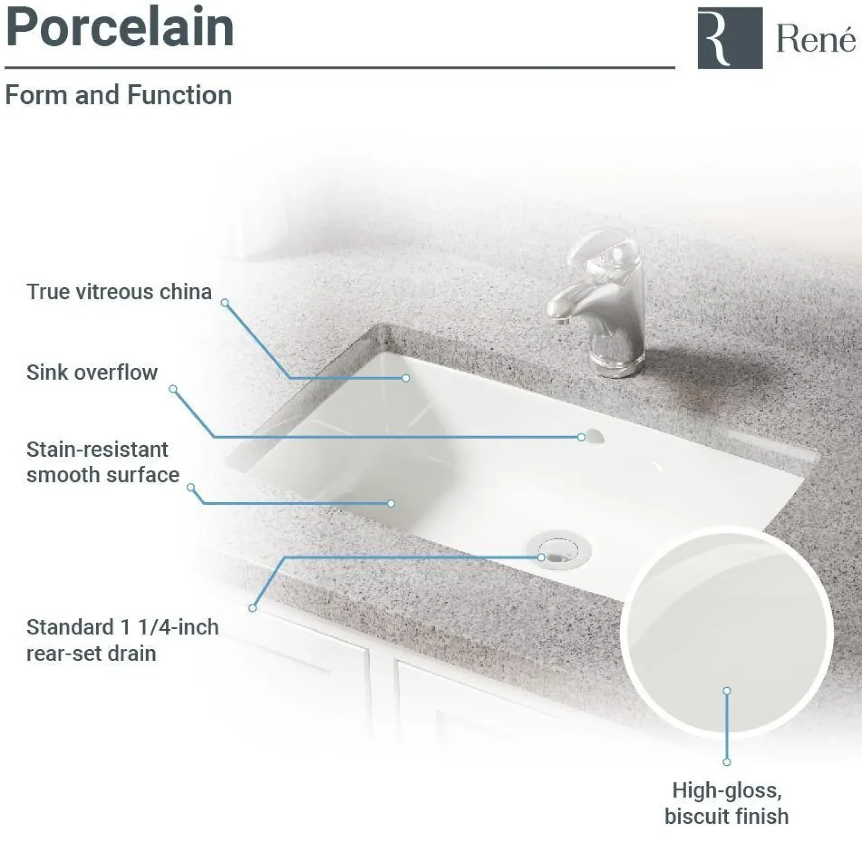 Rene 22" Rectangle Porcelain Bathroom Sink, Biscuit, R2-1001-B-PUD-C