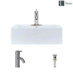 Rene 21" Rectangle Porcelain Bathroom Sink, White, with Faucet, R2-5018-W-R9-7009-C