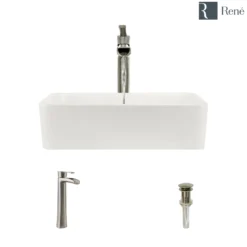 Rene 19" Rectangle Porcelain Bathroom Sink, Biscuit, with Faucet, R2-5007-B-R9-7007-BN