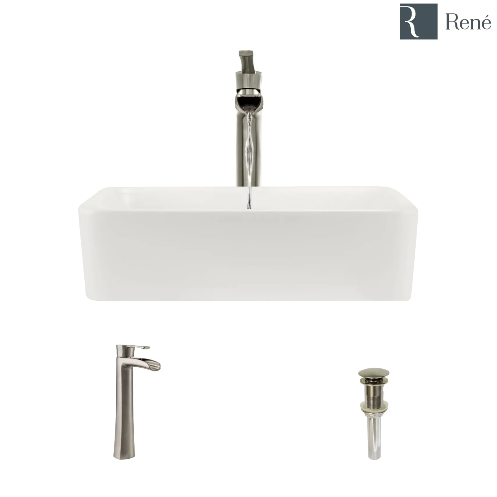 Rene 19" Rectangle Porcelain Bathroom Sink, Biscuit, with Faucet, R2-5007-B-R9-7007-BN