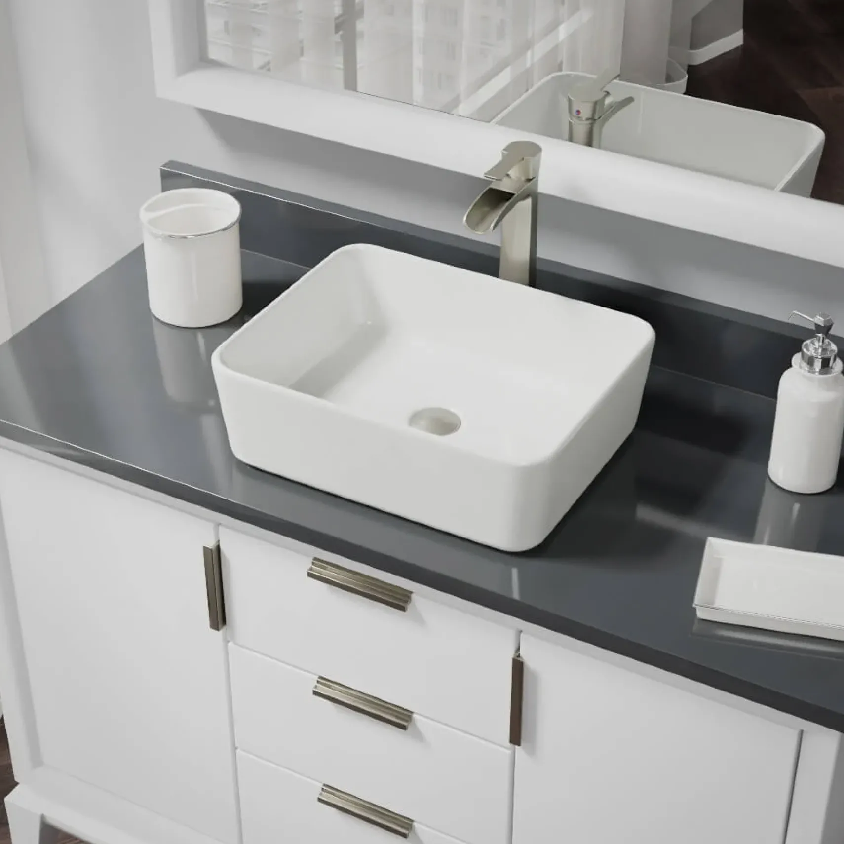 Rene 19" Rectangle Porcelain Bathroom Sink, Biscuit, with Faucet, R2-5007-B-R9-7007-BN