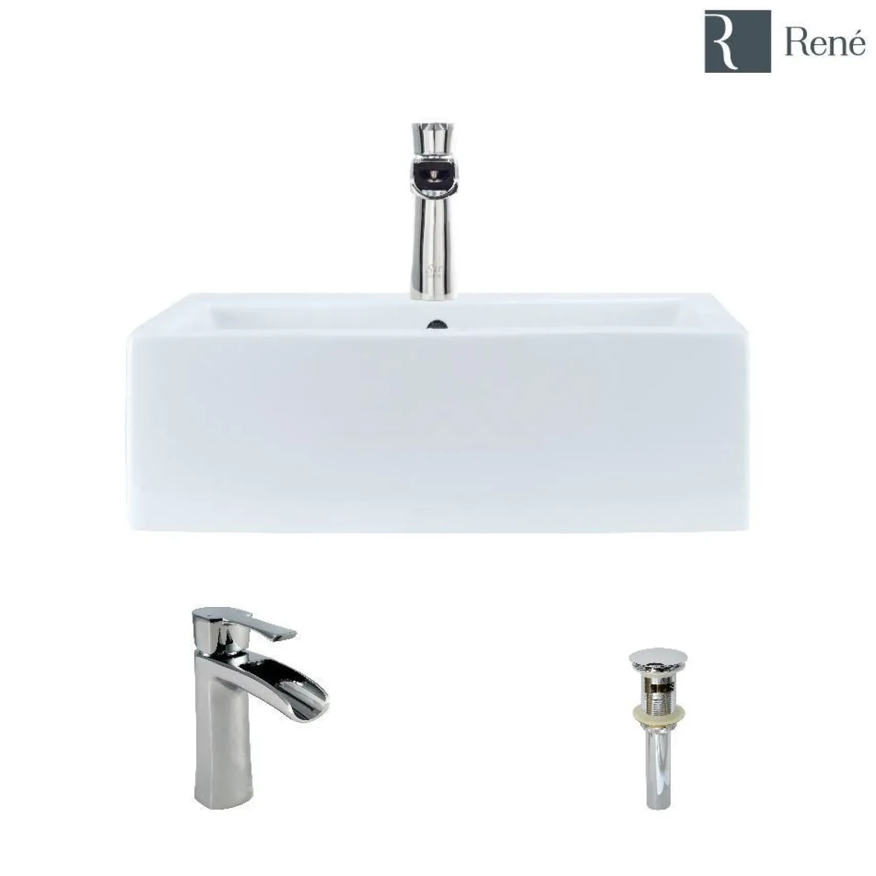 Rene 21" Rectangle Porcelain Bathroom Sink, White, with Faucet, R2-5018-W-R9-7008-C