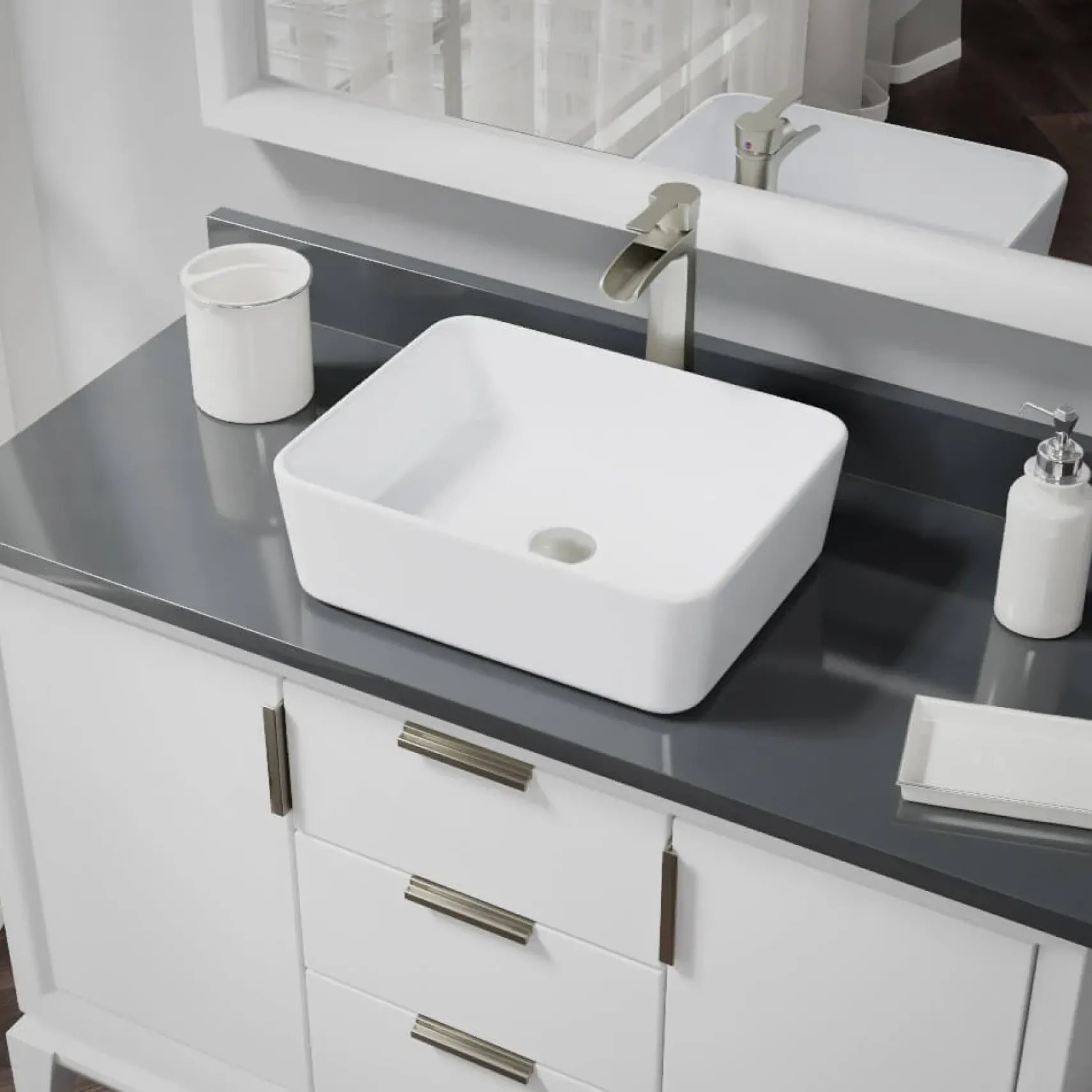 Rene 19" Rectangle Porcelain Bathroom Sink, White, with Faucet, R2-5007-W-R9-7007-BN