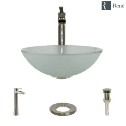 Rene 17" Round Glass Bathroom Sink, Frosted, with Faucet, R5-5002-R9-7007-BN