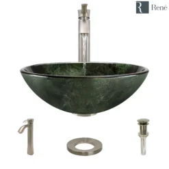 Rene 17" Round Glass Bathroom Sink, Forest Green, with Faucet, R5-5027-R9-7006-BN