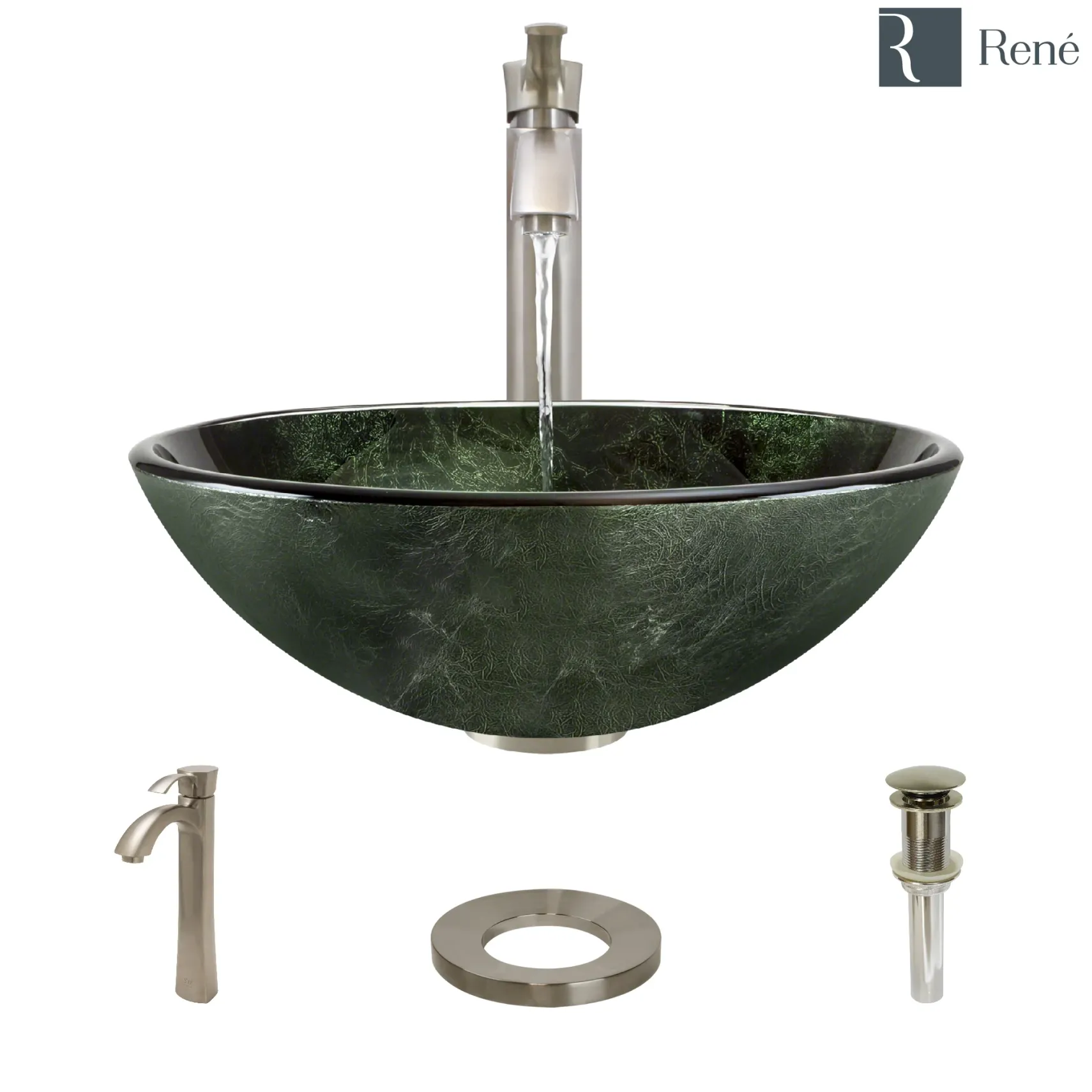 Rene 17" Round Glass Bathroom Sink, Forest Green, with Faucet, R5-5027-R9-7006-BN