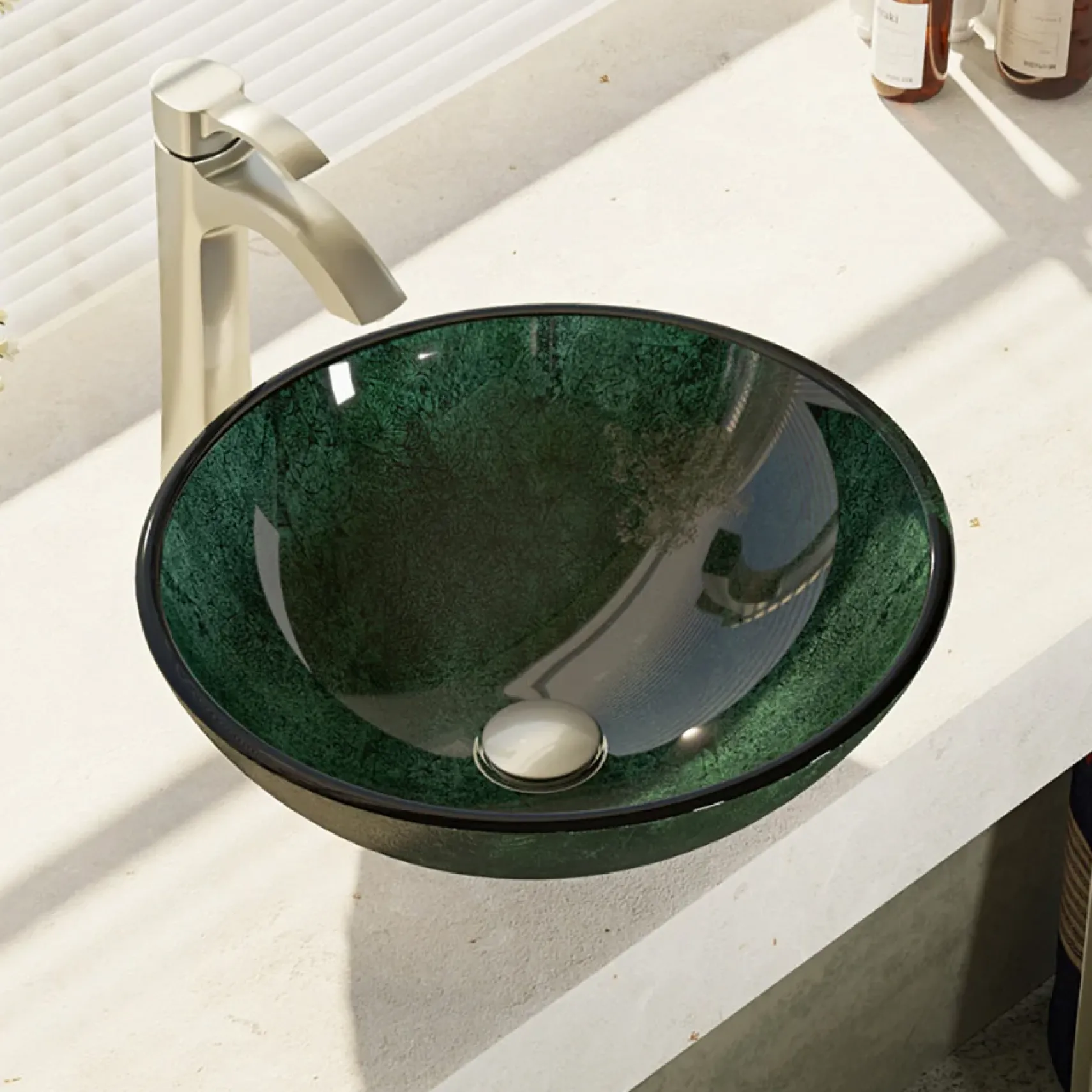 Rene 17" Round Glass Bathroom Sink, Forest Green, with Faucet, R5-5027-R9-7006-BN