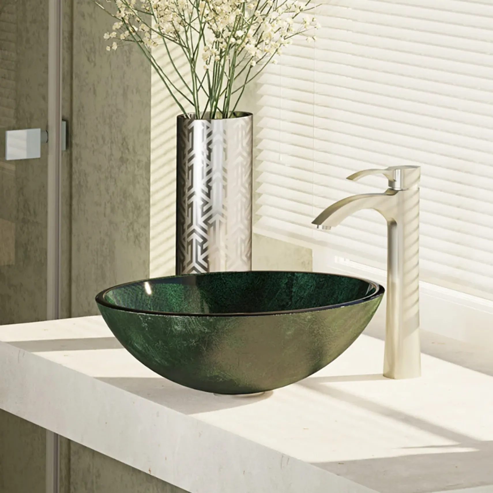 Rene 17" Round Glass Bathroom Sink, Forest Green, with Faucet, R5-5027-R9-7006-BN