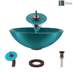 Rene 17" Round Glass Bathroom Sink, Cerulean, with Faucet, R5-5001-CER-WF-ORB