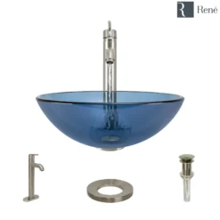 Rene 17" Round Glass Bathroom Sink, Celeste, with Faucet, R5-5001-CEL-R9-7001-BN