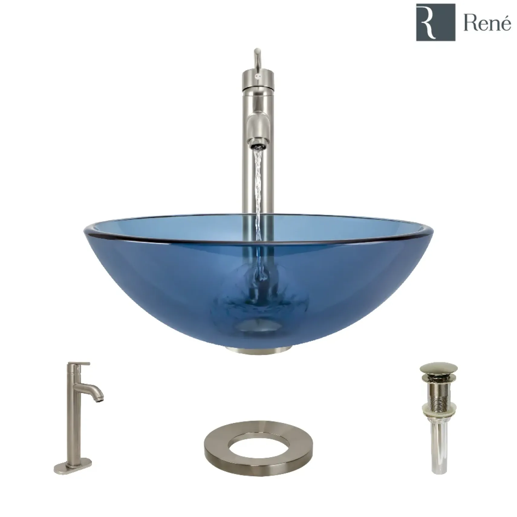 Rene 17" Round Glass Bathroom Sink, Celeste, with Faucet, R5-5001-CEL-R9-7001-BN