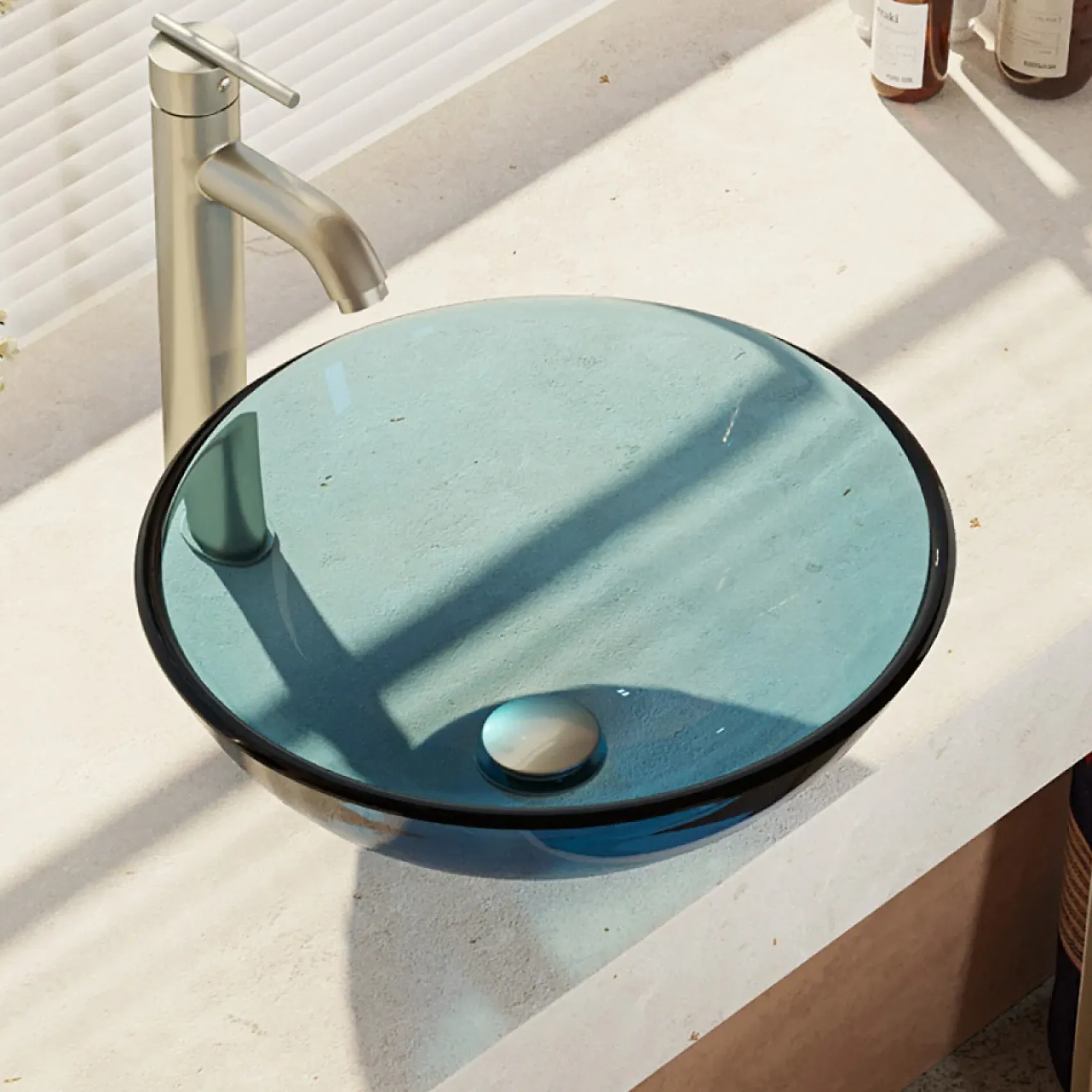 Rene 17" Round Glass Bathroom Sink, Celeste, with Faucet, R5-5001-CEL-R9-7001-BN