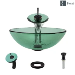 Rene 17" Round Glass Bathroom Sink, Ivy, with Faucet, R5-5001-IVY-WF-ABR