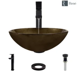 Rene 17" Round Glass Bathroom Sink, Regal Bronze and Earth Tones, with Faucet, R5-5035-R9-7003-ABR