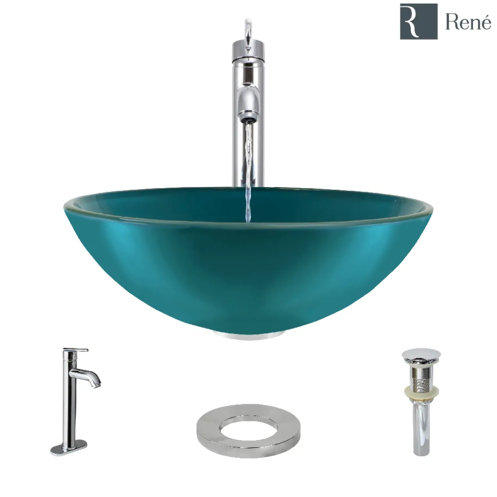 Rene 17" Round Glass Bathroom Sink, Cerulean, with Faucet, R5-5001-CER-R9-7001-C