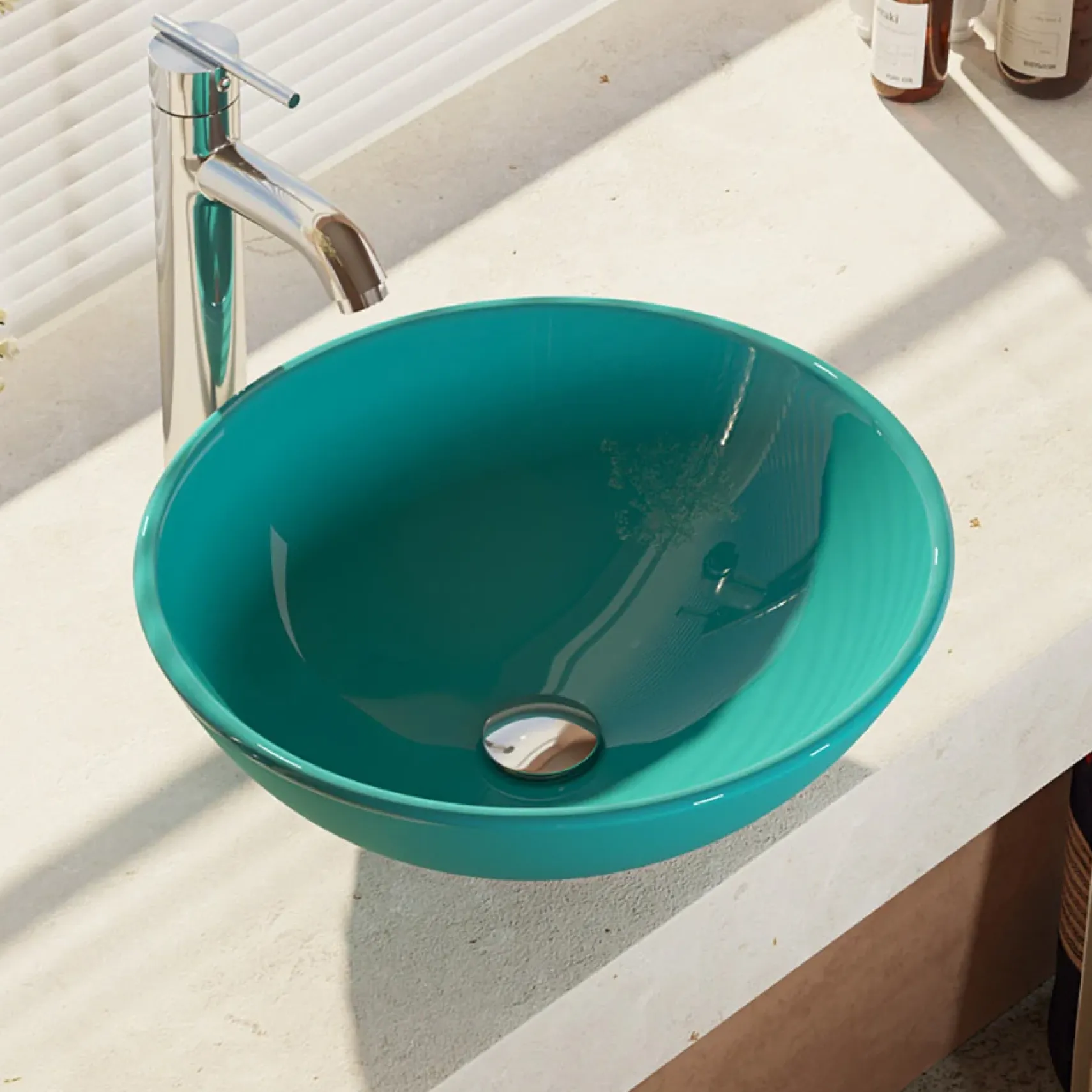 Rene 17" Round Glass Bathroom Sink, Cerulean, with Faucet, R5-5001-CER-R9-7001-C