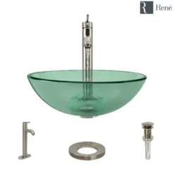 Rene 17" Round Glass Bathroom Sink, Ivy, with Faucet, R5-5001-IVY-R9-7001-BN