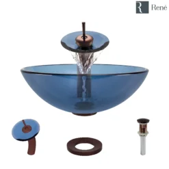 Rene 17" Round Glass Bathroom Sink, Celeste, with Faucet, R5-5001-CEL-WF-ORB