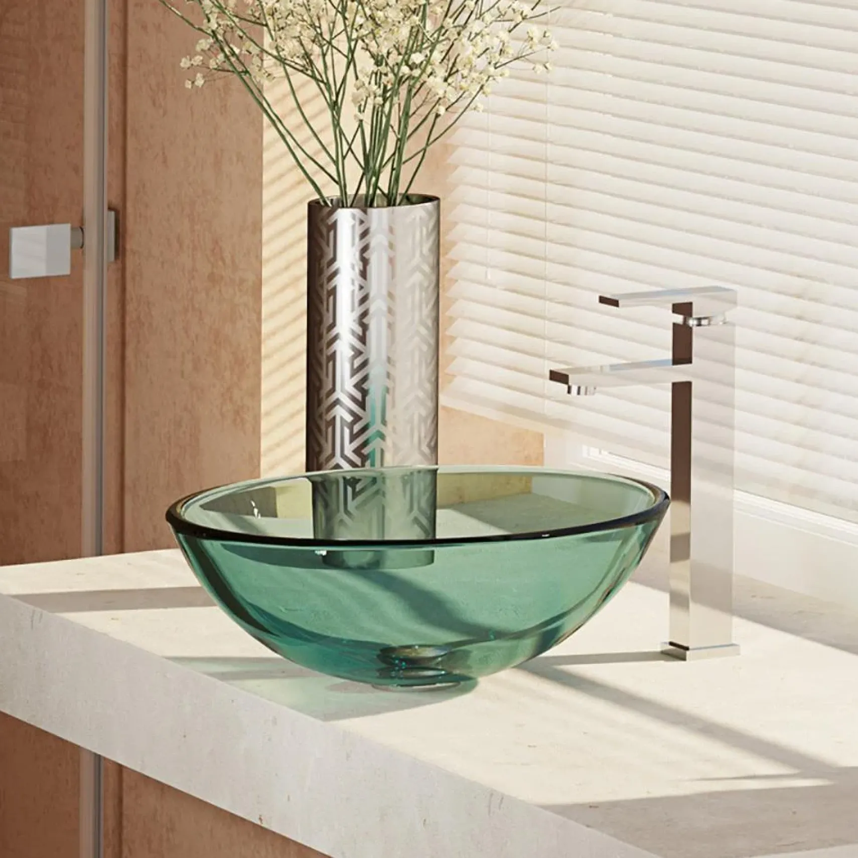 Rene 17" Round Glass Bathroom Sink, Ivy, with Faucet, R5-5001-IVY-R9-7003-C
