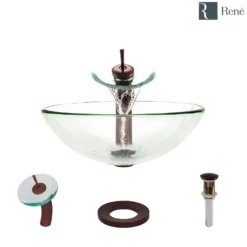 Rene 17" Round Glass Bathroom Sink, Crystal, with Faucet, R5-5001-CRY-WF-ORB
