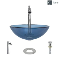 Rene 17" Round Glass Bathroom Sink, Celeste, with Faucet, R5-5001-CEL-R9-7007-C
